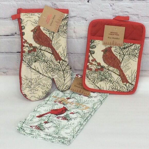 Merry Cardinal 3 Pc Kitchen Set Holiday Dish Towel/Pot Holder/Oven Mitt NWT - Picture 2 of 10